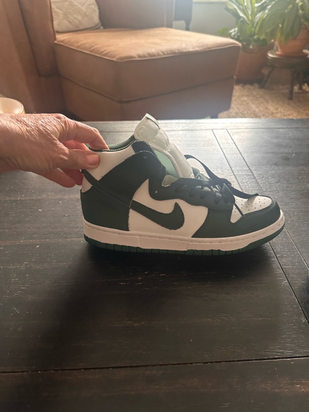 Dark Green and white high top Nike Dunks. Size European 40. New without tags